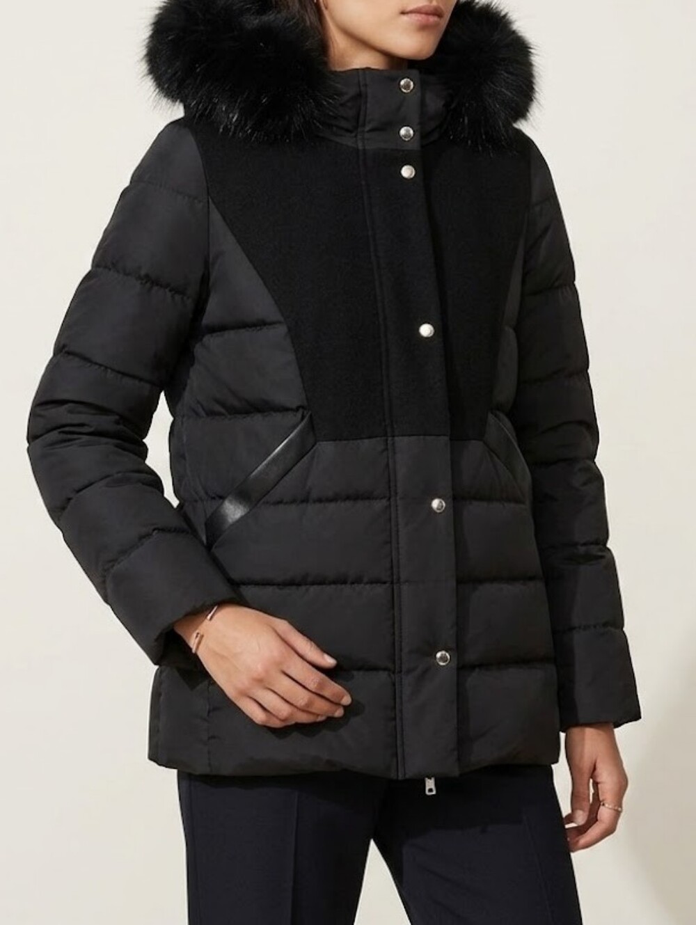 MAJE Mixed Media Quilted Down Filled Puffer Jacket Black Fur Hood Size 1 Small